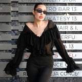 PICSGIRL  -  Fashion Women's Ruffle Shirts Loose V-neck Long Lantern Sleeve Female Blouses 2025 Spring Summer Lady Sexy See Through Shirt New