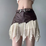 Picsgirl -  In American Retro Short Skirt One Piece Lace Patchwork Leather Half Skirt Women's Low Waisted Personalized Belt Pleated Skirt