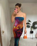 PICSGIRL  -  Women Rainbow Print Tulle Strapless Dress Summer Sexy Slim Mesh Off Shoulder Backless Beach Vacation Party Long Dress