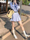 PICSGIRL  -  Blue Striped Loose Casual Shirts And A-line Short Skirt Set Cotton Blend Single Breasted Blouse Fashion 2 Piece Set Women Outfit