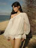 PICSGIRL  -  Off Shoulder See Through Long Sleeve T Shirt Women Sexy Mesh Lace Up Flare Sleeve White Loose Backless Club Hot Girl Top