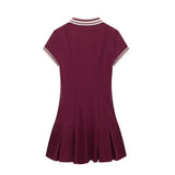 PICSGIRL  -  Women Fashion Wine Red Dress Turn-down Collar Short Sleeves Slim A-Line Mini Dresses Chic Elegant Woman Pleated Dress