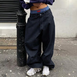 PICSGIRL  -  Harajuku Street Fashion Women Baggy Jeans Fold Detail Y2K Oversized Denim Pants Hip Hop Loose Sweatpants  Dark Blue