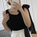 PICSGIRL  -  Summer Elegant Sexy Tank Tops Sleeveless Korean Clothes Stylish Slim Solid French Casual Bow Vest Tie Shirt for Women