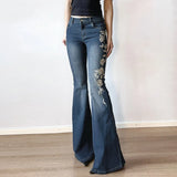 PICSGIRL  -   Y2K Rose Embroidered Trumpet Jeans Women Fashion Aesthetic Slim Flare Pants Vintage Blue 2000s Denim Trousers Spring