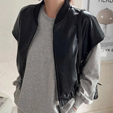 PICSGIRL  -  Retro High-End Leather Vest Women'S Autumn And Winter Round Neck Zipper Style Loose And Versatile Short Sleeved Jacket