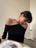 PICSGIRL  -  Design Sense Off Shoulder Top For Women's Spring And Autumn Niche Slim Fit One Shoulder Hanging Neck Knitted Top