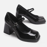 PICSGIRL  -  New Chunky Mary Jane Heels Pumps Fashion Vintage Patent Leather High Heels Female Square-toed Black Lolita Platform Shoes Womens