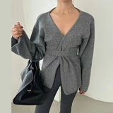 PICSGIRL  -  Elegant Knitted Cardigan With Belt Women Casual V-neck Long Sleeve Loose Sweater 2024 Autumn New Office Lady Lazy Tops Knitwear