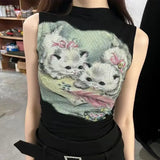 PICSGIRL  -  Trendy Kawaii Cute Cat Print T-shirt Women Summer Harajuku Y2k Half Turtleneck Crop Top Fashion Sweet Vintage Tee Shirts Femme