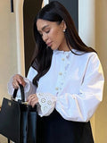 PICSGIRL  -  Retro Diamond Ruffled Shirt For Women Stand Color White Top Casual Fashion Flare Long Sleeve Single Breasted Lady Blouses