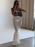 PICSGIRL  -  Ruffled Lace See-Through Long Skirt For Women High Waist Slim Hollow Out Summer 2024 Patchwork Fashion Maxi Skirt Female