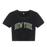 PICSGIRL  -  New York Letter Print Tee Women Contrast Patchwork Crew Short Sleeve Slim Versatile T-shirt Hottie Fashion Top Streetwear