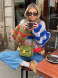 PICSGIRL  -  Casual Knitted Colorful Stripes Sweater Women Fashion O Neck Puff Long Sleeves Short Pullover Autumn Lady High Street Jumper