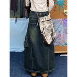 PICSGIRL  -  Autumn Women Blue Denim Pocket Half Body Skirt High Waist Casual Korean Mid Length Baggy Vintage Y2K Straight Denim Long Skirt