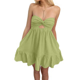 PICSGIRL  -  Women Solid Color Twisted Tube Dress Ruched Boat Neck Cut-out Backless Sleeveless Double Pockets Flowy Ruffled Dresses