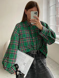 PICSGIRL -  Vintage Plaid Blouses Womans Loose Long Sleeve Shirt Autumn Winter Casual Single Breasted Shirt with Pockets Female Tops