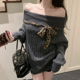 PICSGIRL  -  2024 Autumn Woman's Tops Sweet Korean Bow Harajuku Soft Sweater Pullover Y2K Off The Shoulder Fashion Casual Loose Knitwear Top