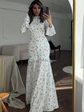 PICSGIRL  -  Ruffle Printed Long Sleeve Long Dress Women's Elegant Contrast Color Slim Fit Lace Waist Casual Summer Fashion Long Dress