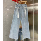 PICSGIRL  -  Women Blue Baggy Bow Jeans Streetwear Vintage 90s Y2k Streetwear High Waist Straight Denim Trouser Korean Loose Wide Leg Pants