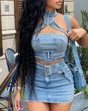 PICSGIRL  -  High Street Blue Denim Skirt Outfit Sexy Women Two Pieces  Jeans Club Matching Set Top+Mini Skirt