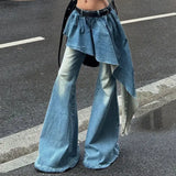 PICSGIRL  -  Y2K European and American Retro Washed Design Splicing Fake Two-piece Blue Jeans Women's Popular Loose Sexy Bell-bottom Pants