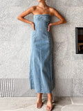 PICSGIRL  -  Side Slit Denim Bodycon Dress For Women Slim Sleeveless Maxi Dresses Women's Street Sexy Streetwear Woman Autumn New