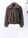 PICSGIRL  -  cold weather outfuts Fashion Faux Fur Short Coat Women Lapel Patchwork Zipper Long Sleeve Jacket 2024 Warm Autumn Winter Pocket Lady Street Outwear