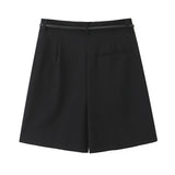 PICSGIRL  -  European and American style fashion all-match belt pleated all-match casual shorts women's new straight wide-leg suit shorts