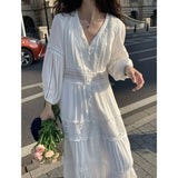 PICSGIRL  -  White Women's Sundress Summer Lace Boho Oversized Maxi Dress Long Sleeve Cotton Beach Dress Casual Korean Fashion Chic