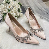 PICSGIRL  -  Rhinestone Satin Pointed Toe Pumps Women Fashion Elegant High Heels Women Stiletto Heel Luxury Crystal Shine Wedding Dress Shoes