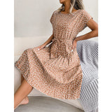 PICSGIRL  -  Summer Women Short Sleeve Floral Print Lace-up Dress Fashion Elegant Knee-length Dresses New Round Neck Folds Vestidos