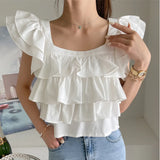 PICSGIRL  -  Women Vintage Blouse Layer Ruffled Square Neck Shirt Women Flying Sleeve Chic Design Loose Casual French Sweet Crop Tops