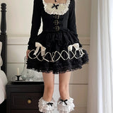 PICSGIRL  -  Gothic Lolita Skirt Women Japanese Harajuku Fashion High Waist A-line Bow Lace Patchwork Vintage Black Cake Skirt