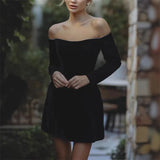 PICSGIRL  -  Elegant Black Velvet Rhinestone Off Shoulder Mini Dress For Women Long Sleeve High Waist A-line Party Club Dresses