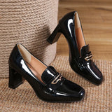 PICSGIRL  -  Chunky Loafer Shoes Women Pumps Brand High Heels Loafers Metal Buckles Square Toe Black Patent Leather Casual Platform Shoes