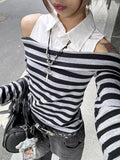 PICSGIRL  -  Japanese Spring Autumn High Street Spliced Design  Tops Y2k Aesthetic Harajuku Punk Constrast Color Striped Shirts Girl Clothes