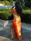 PICSGIRL  -  Sexy Print Feather Hem Lace Up Long Sling Dress Elegant Backless Sleeveless Bodycon Dresses 2025 New Lady Beach Party Prom Robes