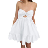 PICSGIRL  -  Women Solid Color Twisted Tube Dress Ruched Boat Neck Cut-out Backless Sleeveless Double Pockets Flowy Ruffled Dresses