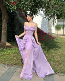 PICSGIRL - Elegant Purple Ruffled Prom Dress with Corset Back Sleevless Off-shoulder A-line Evening Party Dresses for Women Photoshoot