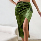 PICSGIRL  -  Sexy Plain  Side Slip Velvet Skirt Ruched Front Green Slim Fit Skirt Autumn Party Cocktail Bodycon Wrap Women Outerwear Clothing