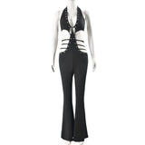 PICSGIRL  -  Sexy Black Jumpsuit Women Summer Club Outfits Rompers Fashion Rivet Cut Out Top Halter Backless Jumpsuits Flared Leg