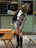 PICSGIRL  -  Women's Casual Leopard Printed Leather Lapel Patchwork Jacket Chic Zipper Long Sleeve Short Slim Coat 2024 Lady High Streetwear