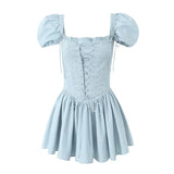 PICSGIRL  -  Women Lace Up Puff Sleeve Maribel Soft Blue Broderie Corset Mini Dress