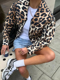 PICSGIRL  -  Women Casual Leopard Print Bomber Jacket Elegant Lapel Long Sleeves Zipper Pockets Loose Coat 2024 Autumn Lady High Streetwewar