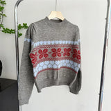 PICSGIRL  -  Vintage  Fair Isle Crew Neck Jumper Heart Pattern Knitted Pullovers Christmas Sweater Holiday Knitwear Autumn Women Outerwear