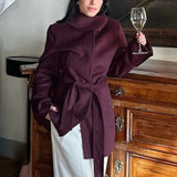 PICSGIRL  -  Elegant Burgundy Belt Stand Collar Jacket Women Fashion Long Sleeve Button Wool Blend Coats Chic High Street Lady Long Outwears