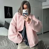 PICSGIRL  -  Women's Pink Short Fur Jacket Autumn Loose Fashion Long Sleeve Jacket Top Casual Stand Collar Pocket Button Warm Jacket