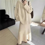 PICSGIRL  -  Autumn Winter Knitting Women Suit Winter Sweater Long Skirts Sets V-neck Pullover Top + High Waist Fishtail Skirt Two Piece Set