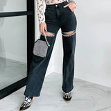 PICSGIRL  -  Fashion Sparkle Bead Straight Jeans Simple Elegant Hollow Wide Leg Loose Denim Pants Women High Waist Office Trousers